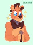  2020 animatronic anthro blue_eyes brown_body brown_fur clothing eyebrows fingers five_nights_at_freddy&#039;s freddy_(fnaf) fur green_background hat head_tuft headgear headwear hi_res holding_object machine male mammal microphone robot simple_background smile star toy-bonnie tuft ursid video_games 