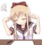  1girl blonde_hair bow closed_eyes closed_mouth collarbone desk eyelashes finger_to_head hair_bow highres long_hair nanamori_school_uniform notepad paper pencil pontasu red_bow sailor_collar school_uniform serafuku shiny shiny_hair short_sleeves solo sweatdrop toshinou_kyouko wavy_mouth writers_block yuru_yuri 