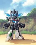  1980s_(style) autobot beach blue_eyes clenched_hands english_commentary josh_perez looking_at_viewer mecha medarot no_humans parody retro_artstyle robot solo style_parody transformers wheeljack 