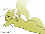  2020 absurd_res anthro butt canid canine curvy_figure digimon digimon_(species) female fox hi_res lying mammal mudwatch on_front pinup pose raised_tail rear_view renamon smile solo text thick_thighs 