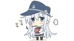  ... 1girl anchor_symbol black_legwear black_sailor_collar black_skirt blue_eyes box chibi commentary_request eating flat_cap food hat hibiki_(kantai_collection) highres hizuki_yayoi kantai_collection long_hair mouth_hold negative_space pleated_skirt pocky pocky_day sailor_collar school_uniform serafuku silver_hair simple_background skirt solo spoken_ellipsis standing thighhighs white_background 