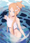  1girl abigail_williams_(fate/grand_order) bangs blonde_hair blue_eyes bow breasts fate/grand_order fate_(series) forehead hair_bow hair_bun highres jilu long_hair multiple_bows parted_bangs sidelocks small_breasts swimsuit thighs wading water 