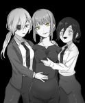  3girls absurdres bangs black_dress black_eyepatch black_eyes black_neckwear black_pants black_suit blush braid braided_ponytail breasts business_suit chainsaw_man collarbone collared_shirt couple dark_background dress expressionless formal hair_between_eyes hair_bun hand_on_another&#039;s_chest hand_on_another&#039;s_stomach hand_on_breast highres large_breasts long_sleeves looking_at_viewer makima_(chainsaw_man) medium_breasts monochrome multiple_girls necktie office_lady open_mouth pants ponytail quanxi_(chainsaw_man) reze_(chainsaw_man) ringed_eyes romance shirt shirt_tucked_in silver_hair smile suit tied_hair user_hfnz7252 white_shirt wife_and_wife_and_wife yellow_eyes yuri 