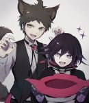  2boys ahoge animal_ears asuna_(doruru-mon) bangs black_cape black_hair black_vest brown_eyes brown_hair cape claw_pose collared_shirt commentary_request danganronpa fang hair_between_eyes halloween_costume hat highres hinata_hajime holding long_sleeves looking_at_viewer male_focus multicolored_hair multiple_boys new_danganronpa_v3 open_mouth ouma_kokichi purple_hair shirt short_hair sketch smile super_danganronpa_2 sweatdrop symbol-shaped_pupils tail two-tone_hair upper_body upper_teeth vest white_shirt witch_hat wolf_ears wolf_tail 