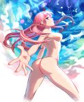  1girl ass bird blue_eyes breasts closed_mouth completely_nude cowboy_shot darling_in_the_franxx from_below highres horns inari_kei legs_apart long_hair looking_at_viewer medium_breasts no_nipples nude pink_hair reaching smile solo zero_two_(darling_in_the_franxx) 