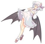  1girl arnest bat_wings blue_hair blush bow brooch cravat finger_to_mouth frilled_skirt frills full_body hat hat_bow highres jewelry looking_at_viewer mob_cap pink_bow pink_footwear pink_neckwear red_eyes remilia_scarlet shirt shoe_bow shoes short_hair short_sleeves simple_background skirt smile socks solo touhou white_background white_headwear white_legwear white_shirt white_skirt wings wrist_cuffs 