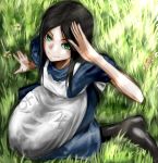  1girl alice:_madness_returns alice_(wonderland) alice_in_wonderland american_mcgee&#039;s_alice apron black_hair breasts ceramic_man closed_mouth dress green_eyes highres long_hair looking_at_viewer smile solo 
