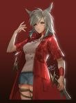  1girl animal_ears bangs breasts brown_eyes cat_ears coat cowboy_shot cropped_legs facial_mark facing_viewer final_fantasy final_fantasy_xiv grey_hair holding holding_weapon leirix_(leirixart) long_hair medium_breasts miqo&#039;te open_clothes open_coat red_background short_sleeves shorts sketch solo swept_bangs weapon whisker_markings 