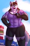  2020 2:3 absurd_res anthro bottomwear bovid burger canid canine caprine clothing collaboration duo english_text facial_hair fast_food female food goat goatee goattrain green_eyes hi_res macro male mammal muscular muscular_anthro muscular_female open_mouth pants restaurant shorts sugaryviolet text 