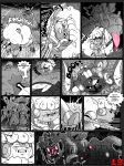  anthro bluebean bodily_fluids body_horror comic dialogue duo feral genitals group hi_res male monochrome nintendo penis pok&eacute;mon pok&eacute;mon_(species) pussy scared scyther speed_lines tapering_penis tentacles text video_games whimsicott 