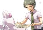  1boy ahoge angel_wings bangs breast_pocket brown_eyes brown_hair certificate closed_mouth collared_shirt commentary_request danganronpa ear_ribbon green_neckwear hinata_hajime holding looking_at_another monomi_(danganronpa) necktie pants pocket shirt short_hair short_sleeves super_danganronpa_2 upper_body white_background white_shirt wings youko-shima 