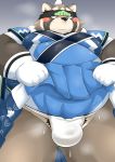  anthro asian_clothing bake_gosut blush bulge canid canine clothed clothing clothing_lift east_asian_clothing embarrassed fundoshi hi_res japanese_clothing kimono live-a-hero looking_away male mammal overweight pubes raccoon_dog shoen solo tanuki underwear 