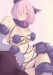  1girl animal_ears bangs black_panties blush breasts commentary_request dangerous_beast elbow_gloves fake_animal_ears fate/grand_order fate_(series) fur_collar fur_trim gloves hair_over_one_eye highres mash_kyrielight medium_breasts navel panties pink_ribbon purple_eyes purple_hair purple_legwear revealing_clothes ribbon roci_aim short_hair smile solo strap thighhighs traditional_media underwear 