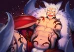  1boy abs animal_ear_fluff animal_ears bara bare_chest bulge chest chest_tattoo cup facial_hair fang fox_boy fox_ears fox_tail highres long_hair male_focus muscle navel navel_hair nipples original sakazuki saliva saliva_trail sideburns solo spread_legs stubble tail tattoo thick_eyebrows thick_thighs thighs tongue waku_(ayamix) white_hair 