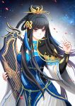  1girl black_hair blue_dress braid chinese_clothes dress highres instrument jewelry long_hair mu_tian_ming purple_eyes solo thunderbolt_fantasy xunling 