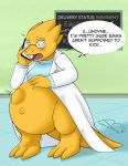  abdominal_bulge alphys anthro belly big_belly blush bodily_fluids bottomless breasts buckteeth clothed clothing coat detailed_background dialogue english_text eyewear female front_view glasses hi_res holding_object holding_phone lab_coat laboratory lizard monitor navel nervous non-mammal_breasts on_phone open_mouth orange_eyes outie_navel penciljunkie phone pregnant reptile scales scalie shaking shirt signature solo speech_bubble standing stuttering surprise sweat teeth text thick_tail three-quarter_view topwear trembling unborn_kicking undertale video_games wide_eyed wide_hips worried yellow_body yellow_scales 