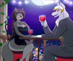  2019 alcohol anthro beverage big_breasts black_clothing black_dress black_hair black_nose blonde_hair braided_hair breasts canid canine canis chair cleavage clothed clothing date dingo dreaj1 dress duo evening_gown eyes_closed female footwear formal fur furniture gem grey_body grey_clothing grey_fur grey_suit hair hand_on_chest high_heels holding_beverage holding_object jewelry ken_dalton lonbluewolf long_hair looking_at_another looking_at_partner lunara_fenrus male male/female mammal mature_female moon necklace night pearl_(gem) pearl_necklace restaurant romantic_ambiance romantic_couple shoes sitting sky soulblader star starry_sky story story_in_description suit table white_body white_fur wine wine_glass wolf 