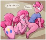  2017 anthro areola ball_fondling balls big_breasts blue_eyes blush bodily_fluids border bottomless breasts clothed clothing crossgender cutie_mark dialogue digital_media_(artwork) duo english_text equid equine erection feet female fondling friendship_is_magic genital_fluids genitals girly hasbro hi_res humanoid_genitalia humanoid_penis kissing male male/female mammal my_little_pony nipples penis penis_on_face pink_tail pinkie_pie_(mlp) precum sanders selfcest simple_background spread_legs spreading square_crossover text thick_thighs white_border 