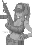  1girl absurdres alternate_costume aronman barcode_tattoo baseball_cap belt belt_pouch bralines breasts bustier character_name cleavage clothes_writing collarbone girls_frontline gloves greyscale gun hand_on_hip hat headset highres holding holding_gun holding_weapon large_breasts long_hair looking_at_viewer monochrome navel ponytail pouch saiga-12 saiga-12_(girls_frontline) sidelocks simple_background smile solo stomach tattoo trigger_discipline utility_belt weapon white_background 
