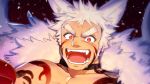  1boy animal_ear_fluff animal_ears bara chest chest_tattoo close-up cup face facial_hair fang fox_boy fox_ears highres long_hair male_focus muscle orange_eyes original sakazuki saliva saliva_trail sideburns solo stubble tail tattoo thick_eyebrows tongue waku_(ayamix) white_hair 