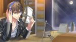  1boy adjusting_headphones bishounen black_jacket blurry blurry_background brown_hair calendar_(object) commission cup elbows_on_table full_moon glasses hair_between_eyes headphones indoors izumi_(stardustalone) jacket male_focus microphone moon night official_art pen sitting smile solo table upper_body virtual_youtuber 