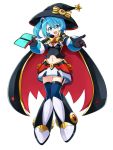  1girl alternate_costume android bangs blue_eyes blue_hair breasts cape eyebrows_visible_through_hair full_body halloween hat highres knees_together_feet_apart medium_breasts miniskirt navel open_mouth ribbon rico_(rockman) rockman rockman_x_dive side_ponytail skirt smile solo thighhighs witch witch_costume witch_hat yuri_nozomi zettai_ryouiki 