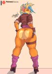  absurd_res activision anthro bandicoot big_butt blonde_hair blue_hair bottomless butt clothed clothing crash_bandicoot_(series) female fingerless_gloves footwear gloves gwizzly hair handwear hi_res high_heels jacket leather leather_jacket leg_warmers legwear looking_at_viewer looking_back looking_back_at_viewer mammal marsupial multicolored_hair orange_body partially_clothed pirate_tawna presenting presenting_hindquarters shirt shoes simple_background solo tawna_bandicoot topwear video_games wide_hips yellow_background 