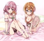  2girls :p alternate_hairstyle arm_support babydoll bangs barefoot blue_eyes bokutachi_wa_benkyou_ga_dekinai bow bow_choker breasts brown_hair character_doll choker cleavage closed_mouth commentary_request commission demon_tail eyebrows_visible_through_hair frilled_armband frilled_babydoll glasses hair_bobbles hair_bow hair_ornament holding kneeling kuroi_mimei light_blush lingerie looking_at_viewer low_tied_hair medium_breasts medium_hair momo_velia_deviluke multiple_girls ogata_rizu on_bed orange_babydoll orange_choker panties pink_babydoll pink_choker pink_hair pink_panties pink_scrunchie purple_eyes red-framed_eyewear red_bow scrunchie short_hair sitting skeb_commission smile tail to_love-ru tongue tongue_out underwear wrist_scrunchie yuiga_nariyuki yuuki_rito 