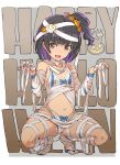  1girl bangs bare_shoulders bikini black_hair breasts character_request collarbone fang food_themed_hair_ornament hair_ornament halloween_costume mummy_costume navel open_mouth pumpkin_hair_ornament purple_nails red_eyes shoohee short_hair side_ponytail small_breasts smile solo squatting stomach swimsuit 