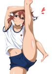  1girl blush breasts eyebrows_visible_through_hair gym_uniform hair_between_eyes hair_ornament hair_ribbon hakase_yurisuki legs looking_at_viewer navel red_eyes red_hair ribbon short_hair short_shorts shorts smile solo split standing standing_on_one_leg standing_split white_background yuuki_yuuna yuuki_yuuna_wa_yuusha_de_aru yuusha_de_aru 