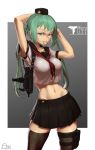  1girl armpit_peek arms_behind_head aronman bangs black_headwear black_legwear black_sailor_collar breasts contrapposto crop_top eyebrows_visible_through_hair girls_frontline green_eyes green_hair gun hat highres hip_bones imi_uzi large_breasts long_hair looking_at_viewer micro_uzi_(girls_frontline) midriff mini_hat miniskirt mouth_hold navel neckerchief pleated_skirt red_neckwear red_star sailor_collar school_uniform serafuku skirt solo stomach submachine_gun thigh_pouch thigh_strap thighhighs twintails tying_hair weapon zettai_ryouiki 