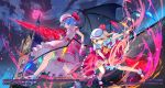  2girls artist_name back_bow bare_legs bat_wings blonde_hair blue_hair bobby_socks bow canata_katana cloud copyright_name dress fire flandre_scarlet full_body full_moon hat hat_bow highres laevatein mary_janes mob_cap moon multiple_girls neckerchief night official_art pink_dress pink_headwear red_bow red_dress red_eyes red_footwear red_moon remilia_scarlet shoes short_hair siblings sisters socks spear_the_gungnir touhou touhou_lost_word white_footwear white_headwear wings wrist_cuffs yellow_neckwear 