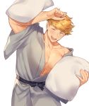  1boy bangs bara bare_chest blonde_hair blush chest cowboy_shot granblue_fantasy green_eyes grey_kimono higashigunkan japanese_clothes kimono male_focus muscle open_clothes open_kimono pillow pillow_fight pillow_grab short_hair smile solo vane_(granblue_fantasy) 