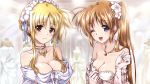  2girls bangs bardiche blonde_hair blue_eyes blue_ribbon blurry blurry_background breasts brown_hair cleavage closed_mouth commentary_request commission crossed_arms depth_of_field dress dress_pull earrings elbow_gloves eyebrows_visible_through_hair fate_testarossa flower gloves hair_flower hair_ornament hair_ribbon hair_up highres jewelry kuroi_mimei light_blush light_particles light_smile long_hair looking_at_viewer lyrical_nanoha mahou_shoujo_lyrical_nanoha_strikers mannequin medium_breasts multiple_girls neck_ring one_eye_closed open_mouth pink_dress pulled_by_self raising_heart red_eyes ribbon short_hair side_ponytail sidelocks skeb_commission smile strapless strapless_dress takamachi_nanoha wedding_dress white_dress white_gloves wife_and_wife yuri 