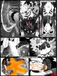  angry arcanine battle bluebean bodily_fluids body_horror death duo english_text feral fire genitals hi_res male monochrome nintendo pok&eacute;mon pok&eacute;mon_(species) pussy scyther speed_lines tentacles text video_games violence white_eyes 