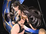  1girl ass black_background brown_hair crown earrings fate/grand_order fate_(series) highres hoshi_rasuku ishtar_(fate)_(all) ishtar_(fate/grand_order) jewelry legs long_hair looking_at_viewer red_eyes single_thighhigh sky smile solo star_(sky) starry_sky thighhighs thighs twintails 