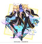  1boy 1girl :d black_footwear black_neckwear black_pants black_skirt blonde_hair blue_eyes brother_and_sister character_name cloud copyright_name hair_ribbon headphones highres holding_hands interlocked_fingers kagamine_len kagamine_rin lem_tea necktie open_mouth pants ribbon short_hair siblings simple_background single_thighhigh skirt smile standing thighhighs twins vocaloid white_background wide_sleeves 