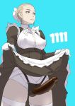  1girl apron blonde_hair blue_background chocolate chocolate_covered covered_nipples dildo frills gloves hair_bun harness maid maid_headdress mikoyan original puffy_sleeves sex_toy skirt skirt_lift solo strap-on thighhighs wa_maid 