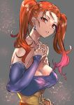  1girl absurdres breasts brown_eyes brown_hair cleavage corset dragon_quest dragon_quest_viii dress earrings highres hotate-chan jessica_albert jewelry large_breasts long_hair looking_at_viewer purple_shirt shirt simple_background solo strapless twintails 