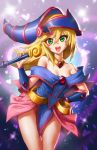  1girl athenawyrm bare_shoulders blonde_hair blue_footwear blush blush_stickers boots breasts choker cleavage dark_magician_girl duel_monster green_eyes hat large_breasts long_hair looking_at_viewer open_mouth pentacle smile solo staff thighs wand wizard_hat yu-gi-oh! 