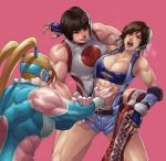  3girls abs absurdres biceps black_hair blonde_hair blue_eyes blue_leotard blue_sports_bra blush boots breasts brown_hair cirenk cleavage clothing_cutout commentary commission cross-laced_footwear crossover crying elbow_pads english_commentary grin hand_on_another&#039;s_stomach highres kazama_asuka knee_pads lace-up_boots large_breasts leotard lips long_hair mask multiple_girls muscle muscular_female nose_blush open_mouth pain pinching pink_background rainbow_mika rising_sun ryona short_hair shoulder_cutout smile sports_bra stomach street_fighter street_fighter_v submission_hold sunburst sweat tekken tekken_7 thick_thighs thighs torn_clothes twintails unitard unzipped white_leotard wrestling wrestling_mask wrestling_outfit yamato_nadeshiko_(street_fighter) 