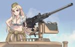  1girl blonde_hair breasts cleavage commentary dog_tags girls_frontline gloves gun hat heavy_machine_gun jewelry large_breasts long_hair m2hb m2hb_(girls_frontline) machine_gun necklace red_eyes shirt smile solo tab_(tabkun) tied_shirt weapon 