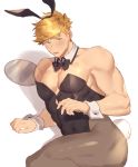  1boy animal_ears bangs bara bare_shoulders blonde_hair blush bow bowtie bunny_ears bunny_tail chest covered_abs crossdressing detached_collar fake_animal_ears granblue_fantasy green_eyes higashigunkan leotard looking_at_viewer male_focus male_playboy_bunny muscle pantyhose short_hair solo strapless strapless_leotard tail thick_thighs thighs vane_(granblue_fantasy) wrist_cuffs 