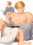  1boy abs bangs bara bare_chest blonde_hair blush chest convenient_censoring feet_out_of_frame granblue_fantasy green_eyes grey_kimono higashigunkan japanese_clothes kimono male_focus multiple_views muscle nipples open_clothes open_kimono pillow short_hair spread_legs thighs vane_(granblue_fantasy) 