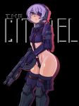  1girl armor black_background eyepatch flat_chest gun headgear highres holding holding_weapon kuramori navel original parted_lips purple_eyes purple_hair revealing_clothes ringed_eyes shiny shiny_hair shiny_skin short_hair simple_background solo standing the_citadel thighhighs thighs weapon 