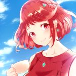  1girl alternate_costume breasts casual close-up cup earrings highres jewelry large_breasts pyra_(xenoblade) red_eyes red_hair risumi_(taka-fallcherryblossom) short_hair sky smile solo sweater xenoblade_chronicles_(series) 