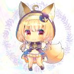  1girl ahoge animal_ear_fluff animal_ears black_footwear black_headwear blonde_hair blush boots capelet chibi closed_mouth commentary_request double_fox_shadow_puppet ears_through_headwear flower_knight_girl fox_ears fox_girl fox_shadow_puppet fox_tail frilled_capelet frills full_body hair_through_headwear hat hood hood_up hooded_capelet kitsune_no_botan_(flower_knight_girl) kouu_hiyoyo long_hair long_sleeves low_twintails mini_hat mini_top_hat multiple_tails puffy_long_sleeves puffy_sleeves purple_capelet red_eyes skirt smile socks solo standing standing_on_one_leg tail tilted_headwear top_hat twintails two_tails very_long_hair white_background white_skirt yellow_legwear 
