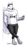  anthro badroy canid canine canis character_name:klorklongen chest_tuft claws clothed clothing eyes_closed finger_claws fingers fur headphones leaning_on_shoulder leaning_on_wall male mammal muscular phone simple_background solo tuft were werecanid werecanine werewolf white_background white_body white_fur wolf 