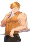  1boy bangs bara bare_arms bare_shoulders blonde_hair blush chest covered_abs granblue_fantasy green_eyes higashigunkan hood hoodie leg_up male_focus muscle pants short_hair sleeveless sleeveless_hoodie solo sweat thick_thighs thighs towel track_pants vane_(granblue_fantasy) 