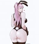  1girl animal_ears artist_name ass bangs bunny_ears bunny_tail fire_emblem fire_emblem:_three_houses gloves heart highres hilda_valentine_goneril lips looking_at_viewer looking_back pink_eyes pink_hair playboy_bunny simple_background solo tail the_kingduke thighhighs twintails white_background 